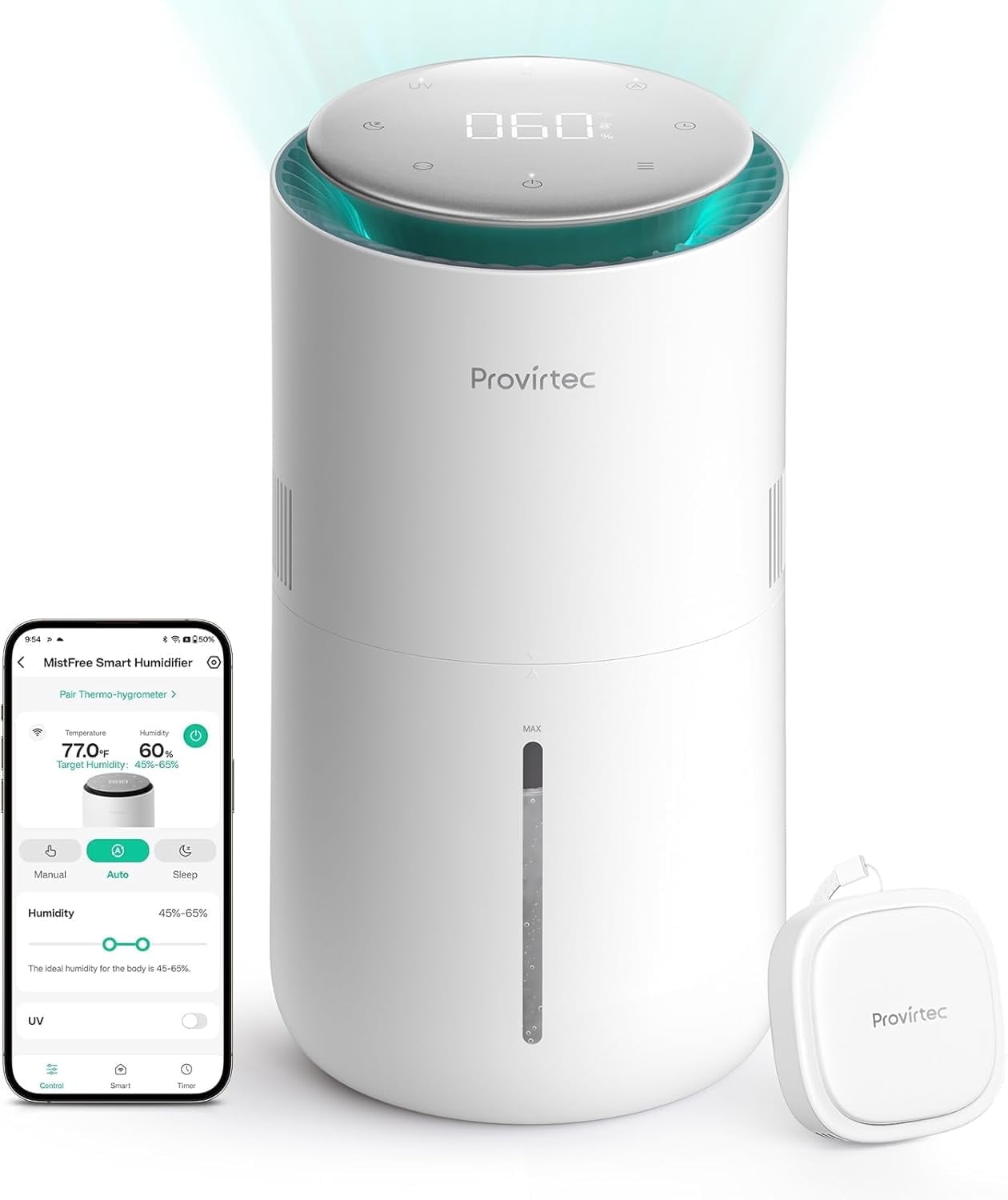 PROVIRTEC MistFree Smart Humidifier for Bedroom, Evaporative Humidifier No White Dust, Auto Humidity & APP Control, 3L Water Tank Easy to Clean, Sleep Mode, Timing, Humidifiers for Nursery, Baby