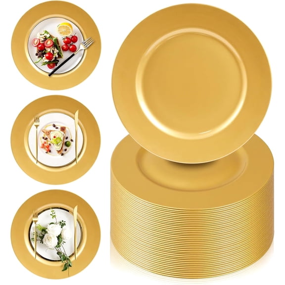 PROY 100 Pcs Charger Plates Bulk, 13" Gold Plate Charger for Dinner Plates, Round Wedding Chargers Plastic Dinner Plates for Table Setting Wedding Party Decoration