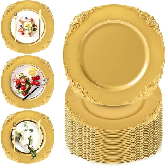PROY 50 Pcs Gold Charger Plates Bulk, 13" Round Charger Plates with Embossed Rim, Decorative Dinner Gold Chargers for Table Setting, Wedding, Party, Event