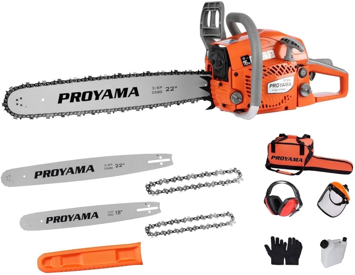 PROYAMA 62CC 2-Cycle Gas Powered Chainsaw, 22 Inch 18 Inch
