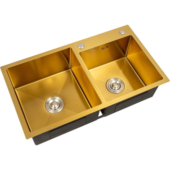 PROYONGOO 31.5 Inch Stainless Steel Kitchen Sink Double Bowl with Drain Basket, 31.5" X 17.72" X 8.66" Drop in Kitchen Sink for Garage Restaurant Backyard Bathroom, Gold