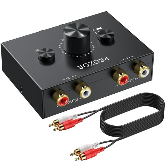 PROZOR RCA Audio Switcher 4(2)-In-2(4)-Out Stereo Audio Switch RCA L/R Bi-Directional Audio Switcher with Off Button and No External Power Required for DVD Stereo Speaker CD Player