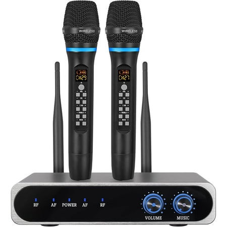 PROZOR Wireless Microphone System, UHF Rechargeable Wireless Dual Cordless Microphone System with Volume Treble Bass Echo Control & Bluetooth for Smart TV/Karaoke Machines/DJ/Singing/Church/Weddings