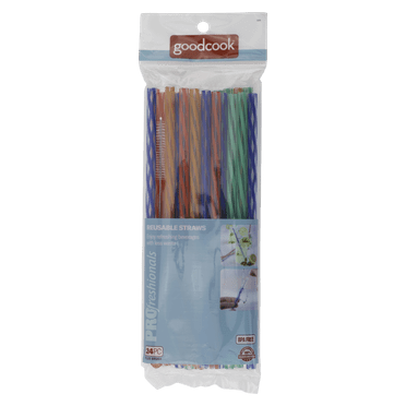 PROfreshionals 24-Piece 9" Reusable Plastic Straws Set with Cleaning Brush, Multicolor
