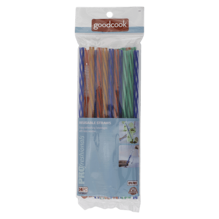 PROfreshionals 24-Piece 9" Reusable Plastic Straws Set with Cleaning Brush, Multicolor