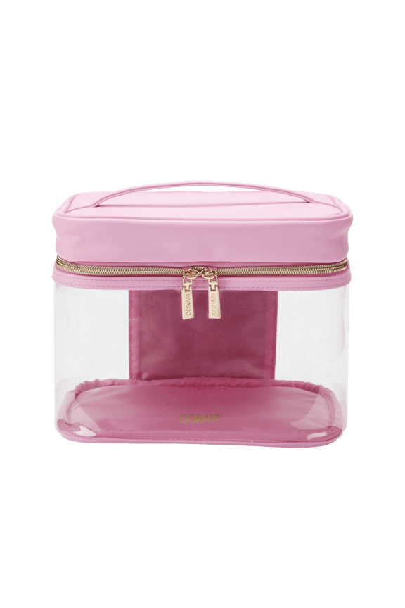 Purple Train Case with Lid Pocket, See-Through Beauty Organizer with Gold-Tone Hardware