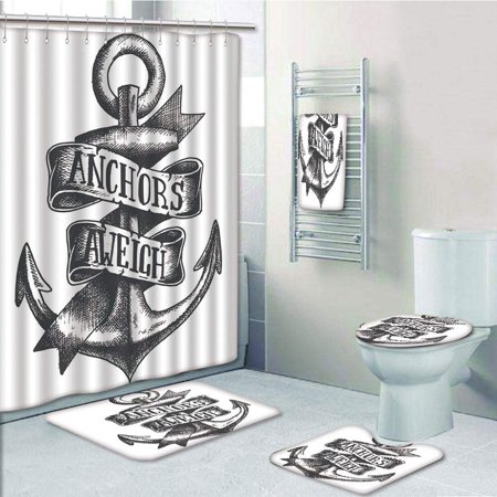 PRTAU Anchor Tattoo Old Navy Symbol Sketch with Ribbon Vintage Lettering Insignia 5 Piece Bathroom Set Shower Curtain Bath Towel Bath Rug Contour Mat and Toilet Lid Cover