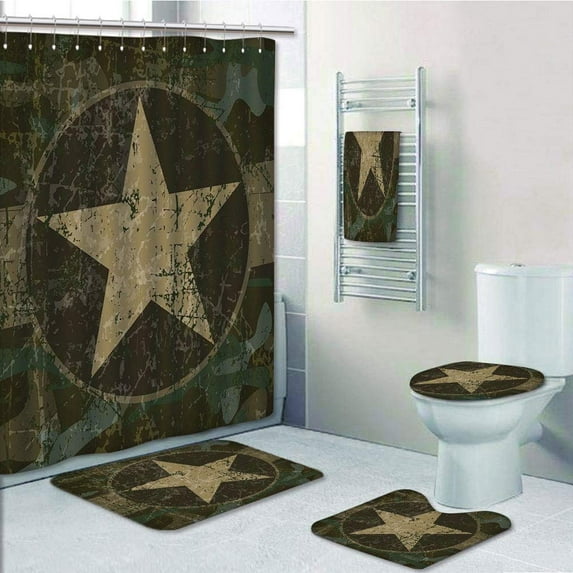 PRTAU Camo Grunge Dusty Dirty with a Star in Circle Undercover War Army Dark 5 Piece Bathroom Set Shower Curtain Bath Towel Bath Rug Contour Mat and Toilet Lid Cover