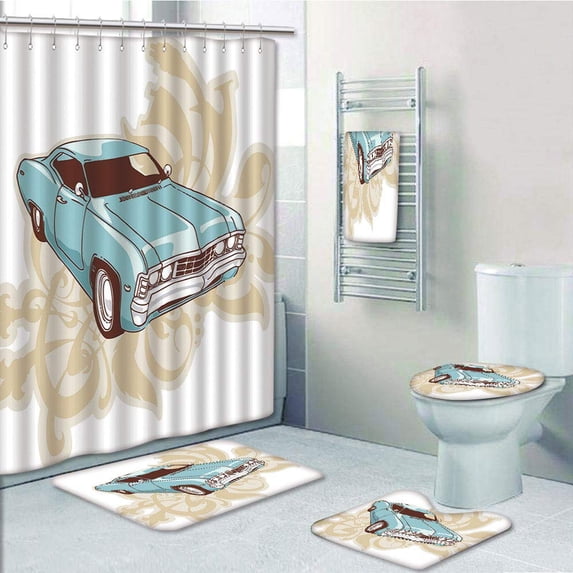 PRTAU Cars Classical Sport Car with Abstract in the Retro Vehicle 5 Piece Bathroom Set Shower Curtain Bath Towel Bath Rug Contour Mat and Toilet Lid Cover