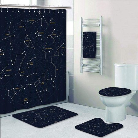 PRTAU Constellation Sky Map Andromeda Lacerta Cygnus Lyra Hercules Draco Bootes Lynx Dark 5 Piece Bathroom Set Shower Curtain Bath Towel Bath Rug Contour Mat and Toilet Lid Cover
