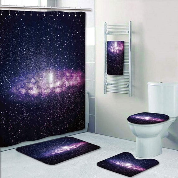 PRTAU Galaxy Nebula Cloud in Milky Way Infinity in Interstellar Solar System Dark 5 Piece Bathroom Set Shower Curtain Bath Towel Bath Rug Contour Mat and Toilet Lid Cover