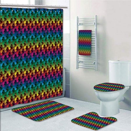 PRTAU Geometric Trippy Digital Gradient Puzzle Futuristic Curved Shapes Multimedia Concept 5 Piece Bathroom Set Shower Curtain Bath Towel Bath Rug Contour Mat and Toilet Lid Cover