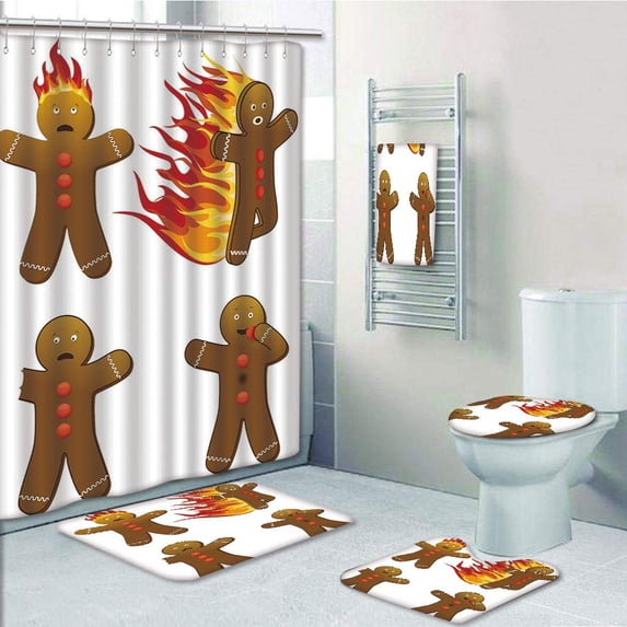 PRTAU Gingerbread Man Gingerbread Man in Humorous Positions Caught on Fire Eaten Figures 5 Piece Bathroom Set Shower Curtain Bath Towel Bath Rug Contour Mat and Toilet Lid Cover