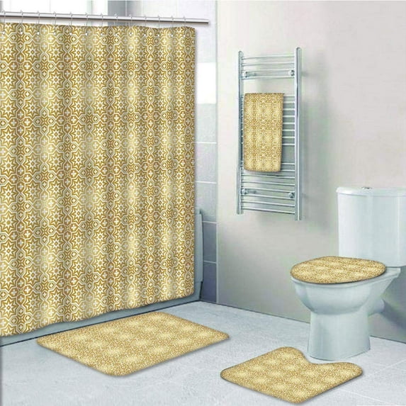 PRTAU Golden Vintage 20s Gatsby Party Inspired Geometrical with Floral Gold 5 Piece Bathroom Set Shower Curtain Bath Towel Bath Rug Contour Mat and Toilet Lid Cover
