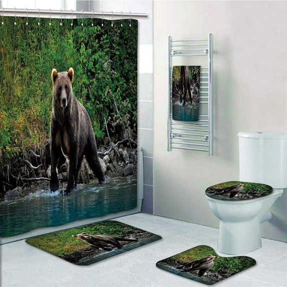 PRTAU Grizzly Bear in Lake Alaska Untouched Forest Jungle Wildlife 5 Piece Bathroom Set Shower Curtain Bath Towel Bath Rug Contour Mat and Toilet Lid Cover
