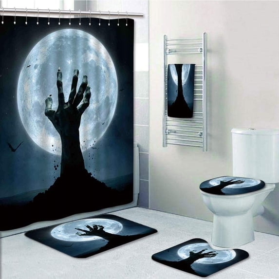 PRTAU Halloween Zombie Earth Soil Full Moon Bat Horror Story October Twi 5 Piece Bathroom Set Shower Curtain Bath Towel Bath Rug Contour Mat and Toilet Lid Cover