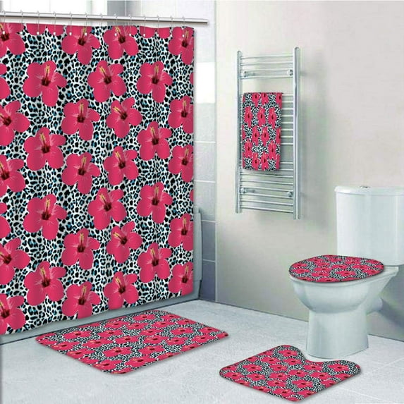 PRTAU Hawaiian Tropical Hibiscus Flowers Leopard Tropics Botanical Jaguar African Animal 5 Piece Bathroom Set Shower Curtain Bath Towel Bath Rug Contour Mat and Toilet Lid Cover