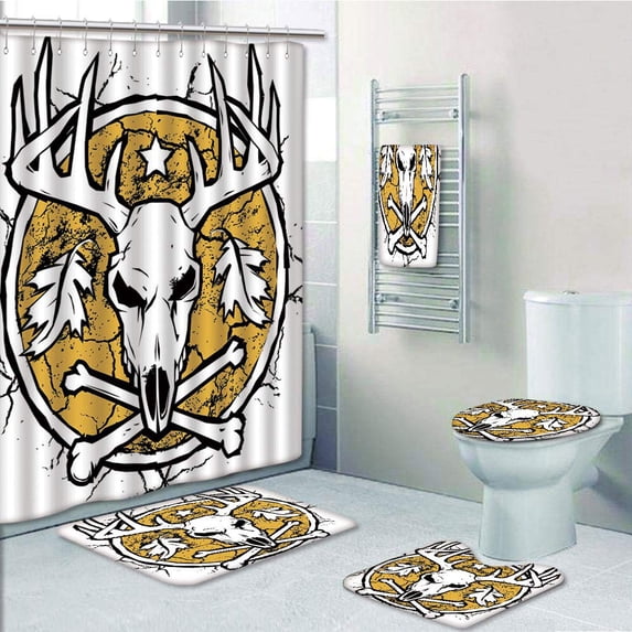 PRTAU Hunters Dry Earth Emblem Scary Deer Skull Fallen Leaves Drought 5 Piece Bathroom Set Shower Curtain Bath Towel Bath Rug Contour Mat and Toilet Lid Cover