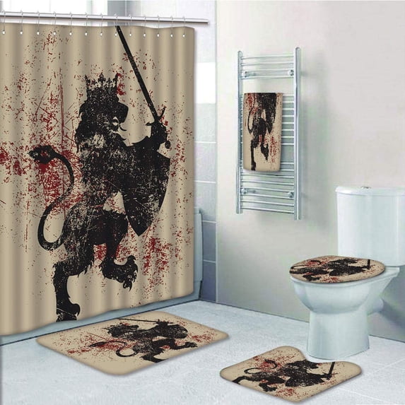 PRTAU King Lion Symbol of Courage with Sword Armor Shield on Grunge Backdrop 5 Piece Bathroom Set Shower Curtain Bath Towel Bath Rug Contour Mat and Toilet Lid Cover