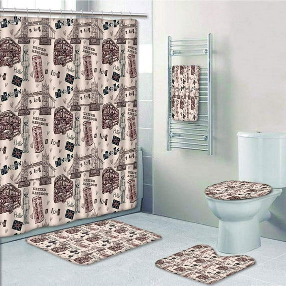 PRTAU London United Kingdom with City Signs Bus Soldier Bridge Maroon 5 Piece Bathroom Set Shower Curtain Bath Towel Bath Rug Contour Mat and Toilet Lid Cover
