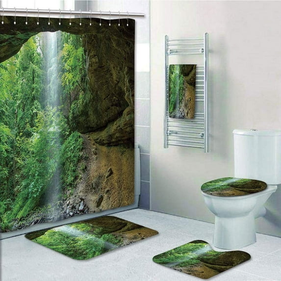 PRTAU Nature Canyon Michigan Caves Memorial Falls in the Forest Eco Foliage Army Fern 5 Piece Bathroom Set Shower Curtain Bath Towel Bath Rug Contour Mat and Toilet Lid Cover