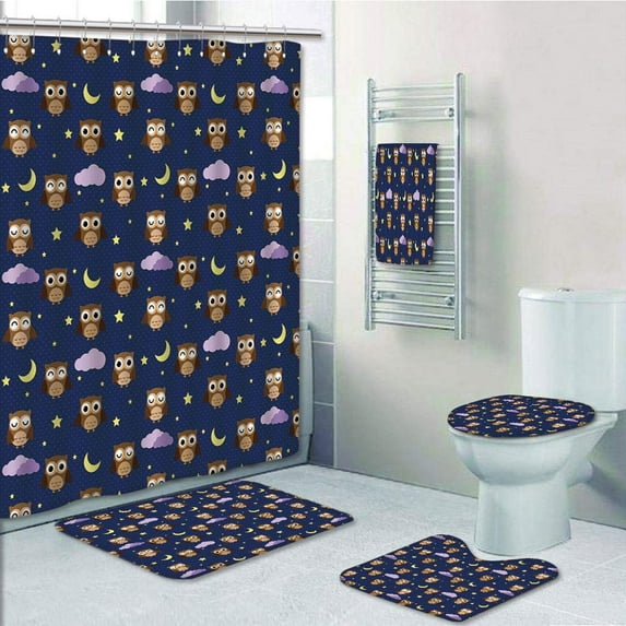 PRTAU Nursery Cute Owls in an Starry Night Moon Happy Sleepy Alert Animals 5 Piece Bathroom Set Shower Curtain Bath Towel Bath Rug Contour Mat and Toilet Lid Cover