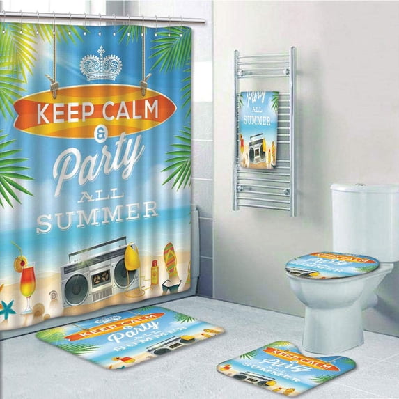 PRTAU Ocean of Cute Summer Holiday Greeting with Tropic Palm Leaf Keep Calm 5 Piece Bathroom Set Shower Curtain Bath Towel Bath Rug Contour Mat and Toilet Lid Cover