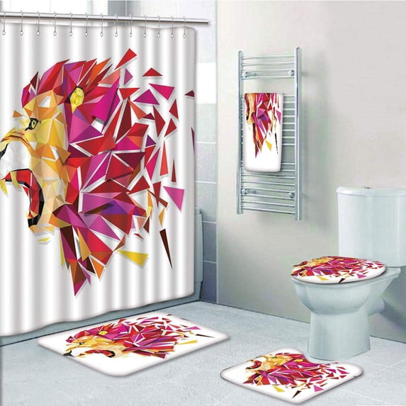 PRTAU Polygon Stylized Lion King Figure with in Gradient Tones Modern 5 Piece Bathroom Set Shower Curtain Bath Towel Bath Rug Contour Mat and Toilet Lid Cover