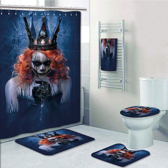 PRTAU Queen Queen of Death Scary Body Halloween Evil Face Bizarre Make Up Zombie Navy 5 Piece Bathroom Set Shower Curtain Bath Towel Bath Rug Contour Mat and Toilet Lid Cover