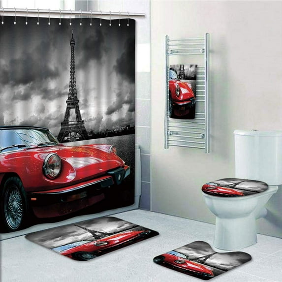 PRTAU Red European Honeymoon Romantic City Paris Eiffel Tower Italian Car Charcoal 5 Piece Bathroom Set Shower Curtain Bath Towel Bath Rug Contour Mat and Toilet Lid Cover