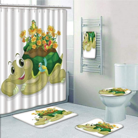 PRTAU Reptile Funny Floral Turtle Talking with Colorful Humming Birds Tortoise Ninja 5 Piece Bathroom Set Shower Curtain Bath Towel Bath Rug Contour Mat and Toilet Lid Cover