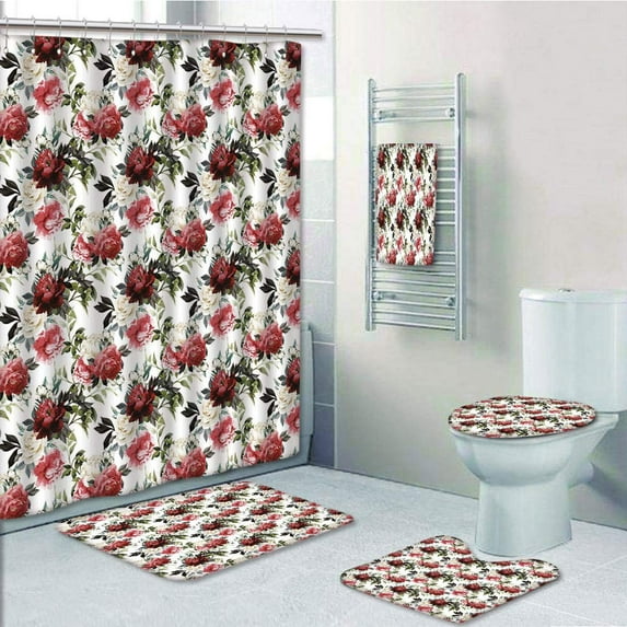 PRTAU Shabby Chic Country Floral Flower Roses Watercolor Dark Coral Maroon 5 Piece Bathroom Set Shower Curtain Bath Towel Bath Rug Contour Mat and Toilet Lid Cover