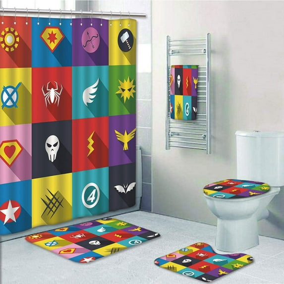 PRTAU Superhero Retro Superhero Badge Patchwork Several Logo Signs Comic Humor 5 Piece Bathroom Set Shower Curtain Bath Towel Bath Rug Contour Mat and Toilet Lid Cover