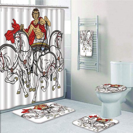 PRTAU Toga Party Hellenic Man on The Chariot Drawn by Roman Horses Early Ages Equestrian 5 Piece Bathroom Set Shower Curtain Bath Towel Bath Rug Contour Mat and Toilet Lid Cover