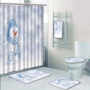 PRTAU Winter Kids Toddler Happy Snowman Cartoon Figure Merry Christmas 5 Piece Bathroom Set Shower Curtain Bath Towel Bath Rug Contour Mat and Toilet Lid Cover