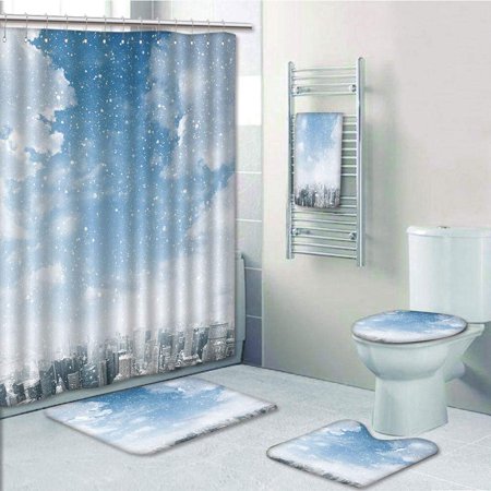 PRTAU Winter Snow Falling Down on the New York City Urban Life Skyscrapers Streets Cold Weather 5 Piece Bathroom Set Shower Curtain Bath Towel Bath Rug Contour Mat and Toilet Lid Cover