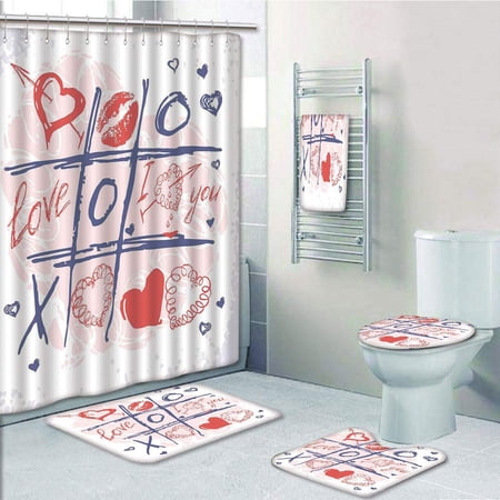 PRTAU Xoxo Game with Lips Sketchy Circles Hearts Romantic Love Red 5 Piece Bathroom Set Shower Curtain Bath Towel Bath Rug Contour Mat and Toilet Lid Cover