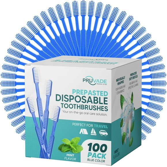 PRUVADE 100 Pack Disposable Toothbrushes with Toothpaste Built In | Mint Prepasted Toothbrushes Individually Wrapped - Blue Single Use Waterless Toothbrush with Soft Bristles for Work, Camping, Travel
