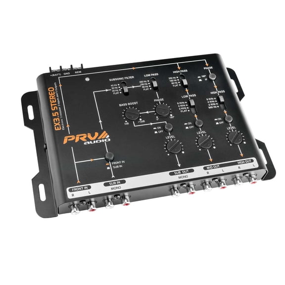 PRV AUDIO Crossover Car Audio EX3.5 Stereo 3 Way or 2 Way Electronic Crossover 9 Volts, 4 in 6 Out RCA Channels Car Sound Processor