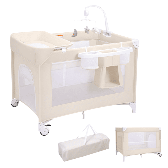 PRVAETU 5 in 1 Baby Playard with Bassinet & Changing Table,Pack and Play for Newborn, Infant, Toddler,Beige
