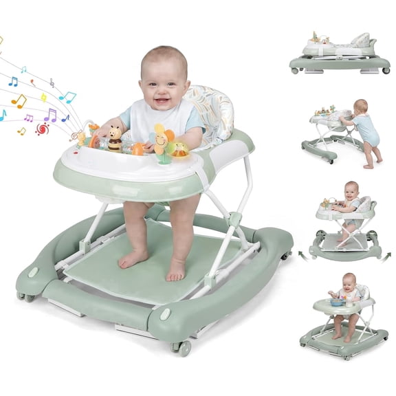 PRVAETU 5 in 1 Baby Walker,Jumper,Rocking,Push,Bouncer for Boys Girls,Foldable,Music & Light,Height Adjustable,Wheel for Infant,Green Stripes