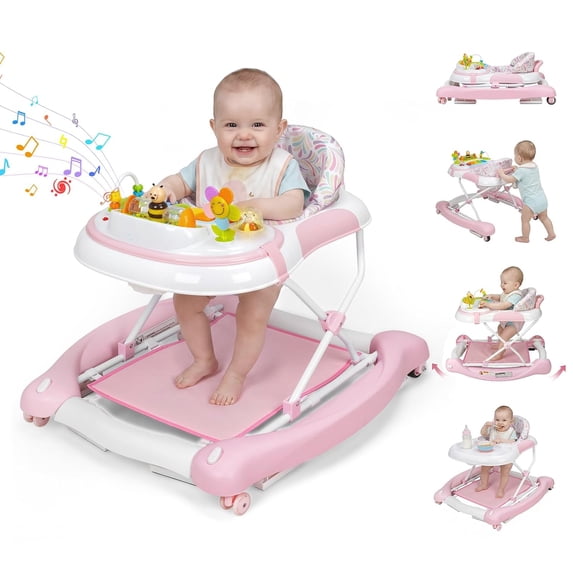 PRVAETU 5 in 1 Baby Walker,Jumper,Rocking,Push,Eating Mode for Boys Girls,Foldable,Music & Light,Height Adjustable,Wheel for Infant,Pink Stripes