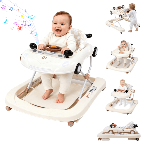 PRVAETU 5 in 1 Baby Walker with Music & Lights,Foldable,6-18 Months,Beige