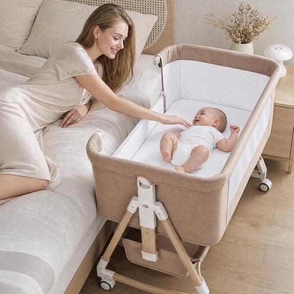 PRVAETU Baby Bassinet,3-in-1 Baby Bassinet Bedside Sleeper with Wheels, Adjustable Easy Folding Portable Rocking Crib for Infant Newborn (Khaki)