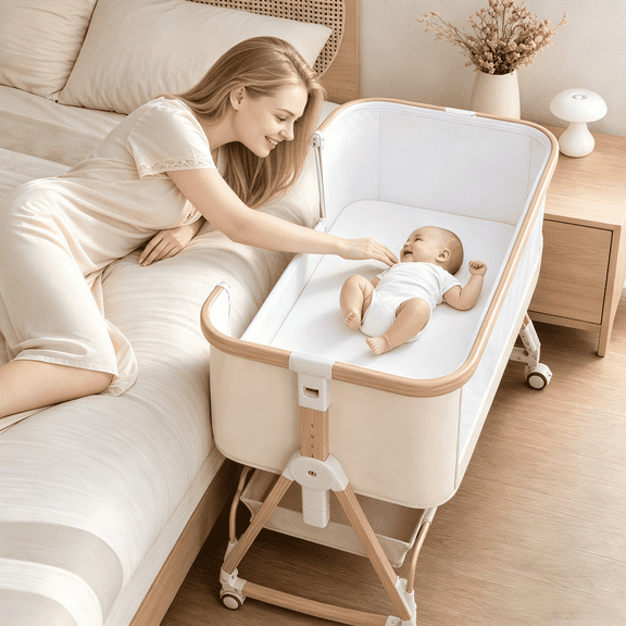 PRVAETU Baby Bassinet w/ Mattress & Height Adjustable for Newborn,Beige