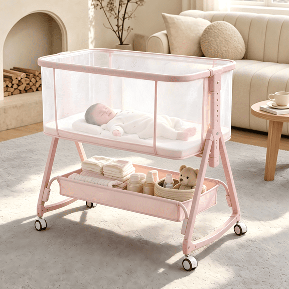 PRVAETU Baby Bassinet w/ Mattress & Height Adjustable for Newborn,Pink