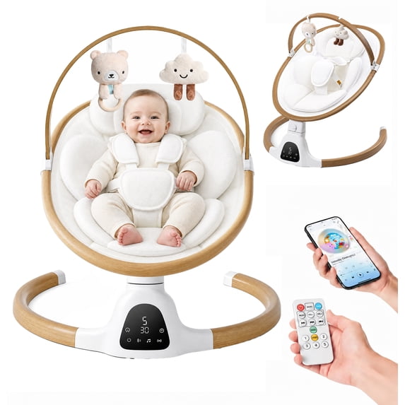 PRVAETU Baby Swing for Infants,5 Speeds,10 Lullabies,5-Point Harness,Electric Rocking Chair for Toddlers with Bluetooth,Remote Control,Touch Panel,White