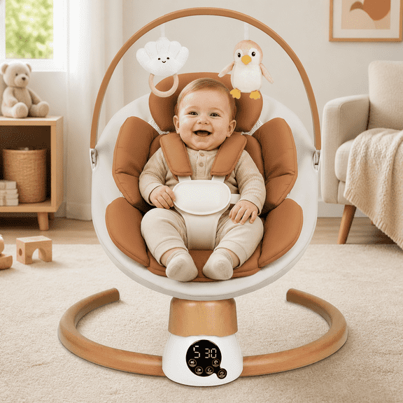 PRVAETU Baby Swing for Infants,Bluetooth Control 5-point Harness Newborn Swing,5 Sway Speed,10 Lullabies,3 Timers,Brown