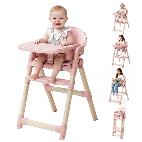 PRVAETU Foldable High Chair For Baby, Easy-to-Clean Feeding Chair with Removable Tray, Adjustable Legs and Seat Belt For Infant Toddlers,Pink
