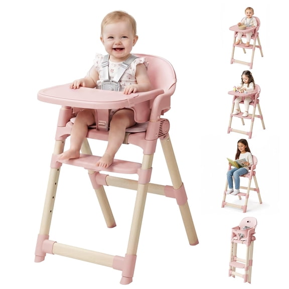 PRVAETU Foldable High Chair For Baby, Easy-to-Clean Feeding Chair with Removable Tray, Adjustable Legs and Seat Belt For Infant Toddlers,Pink